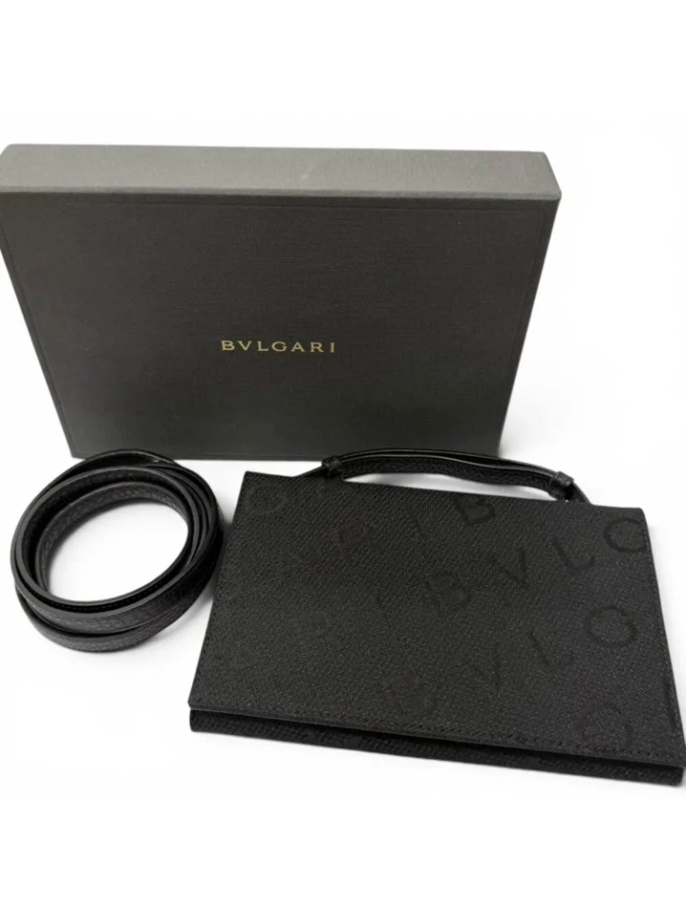Bvlgari Canvas Leather Logo All Over Print Wallet on Chain Black Shoulder Bag